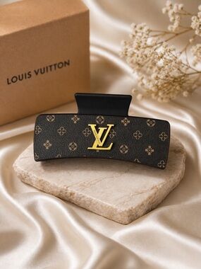 Louis Vuitton Brown Monogram Hair Claw with Gold LV Emblem